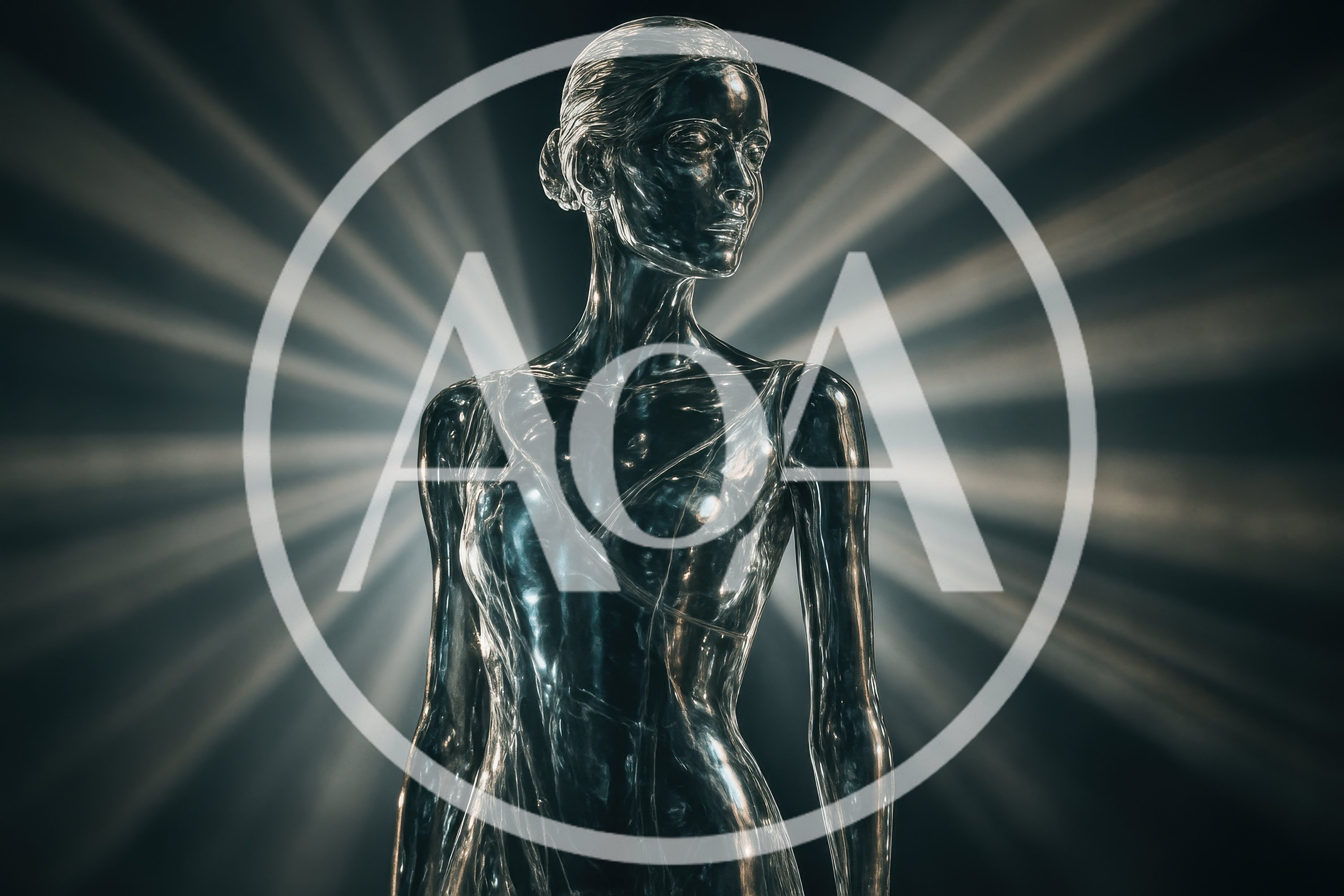 Abstract Metallic Humanoid Figure With Radiant Backlighting