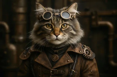 Steampunk Cat Portrait With Goggles And Leather Jacket