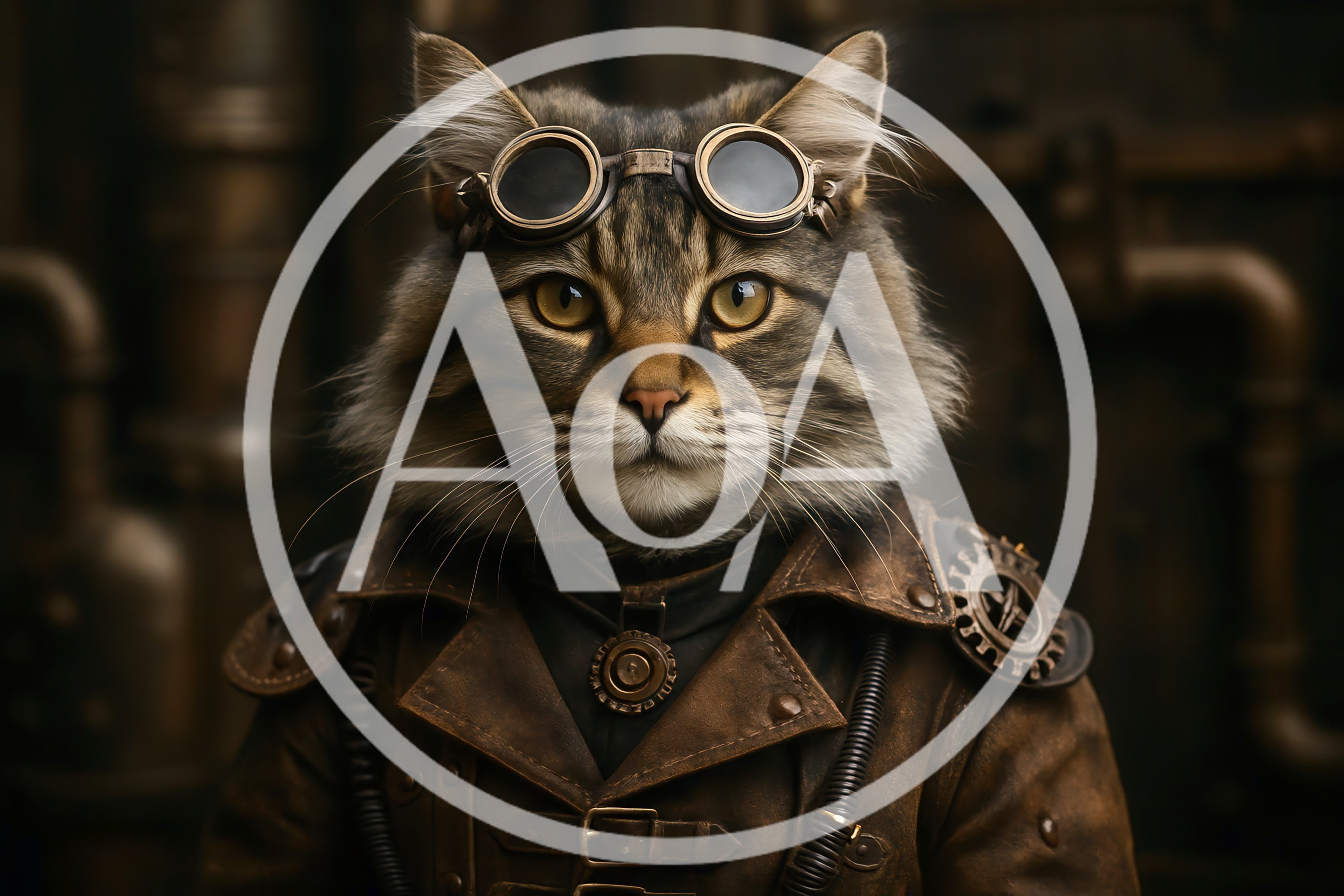 Steampunk Cat Portrait With Goggles And Leather Jacket