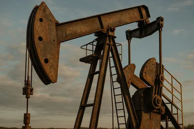 Rusty Oil Pump Jack Operating At Sunset