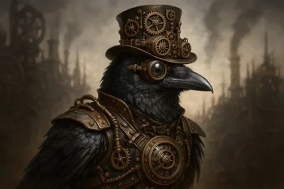Steampunk Crow Character With Mechanical Gear Accessories