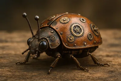 Steampunk Mechanical Ladybug Sculpture On Wooden Surface