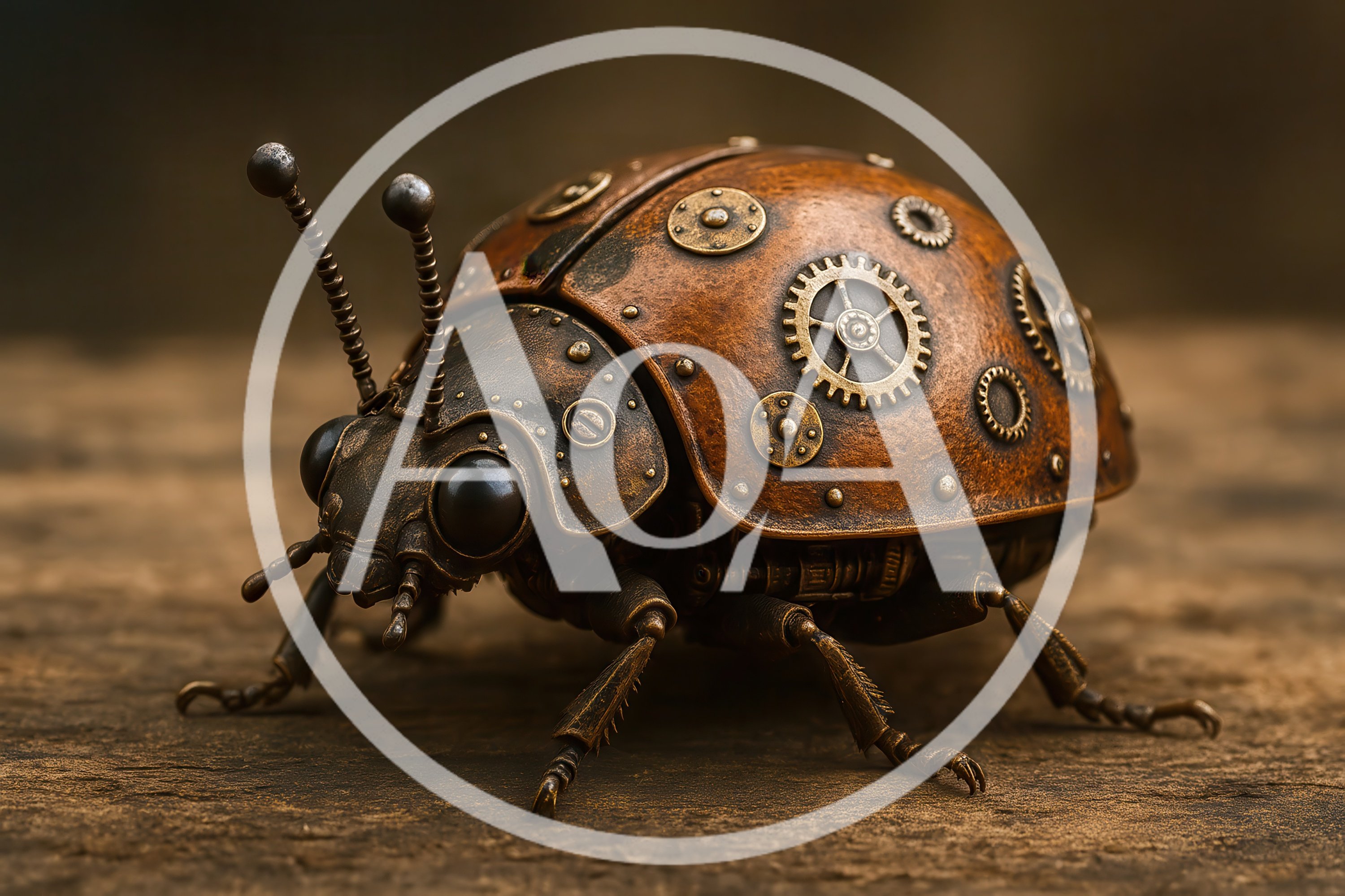 Steampunk Mechanical Ladybug Sculpture On Wooden Surface