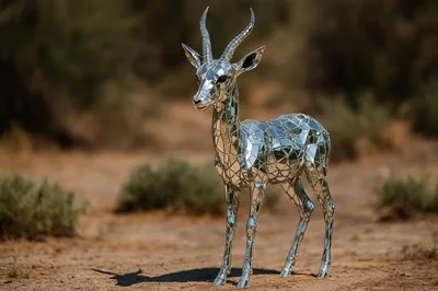 Mirrored Gazelle Sculpture Standing In Desert Landscape