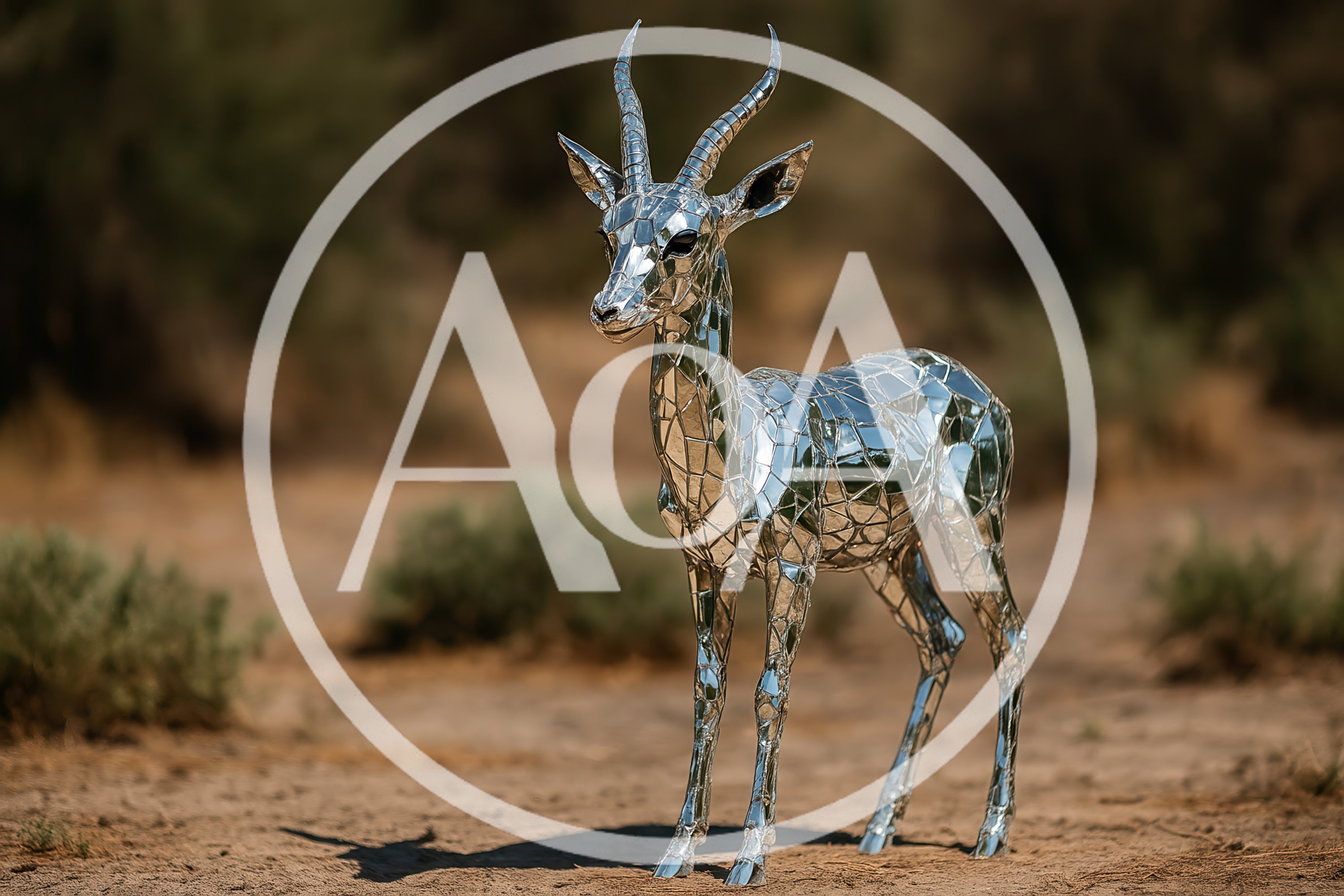 Mirrored Gazelle Sculpture Standing In Desert Landscape