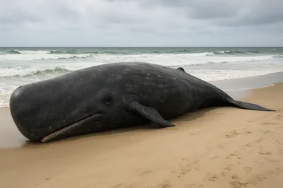 Stranded Sperm Whale Beached On Sandy Shoreline