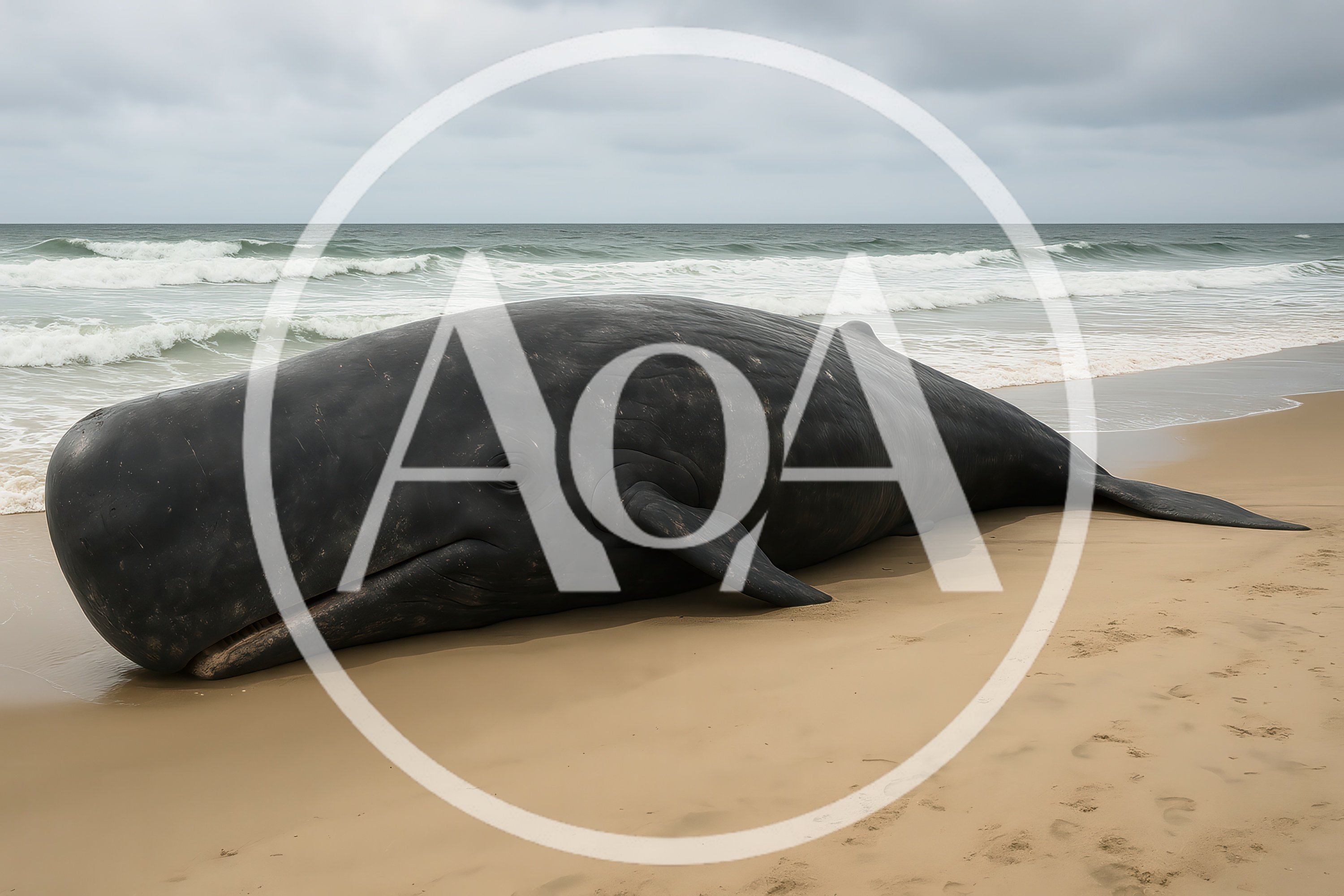 Stranded Sperm Whale Beached On Sandy Shoreline
