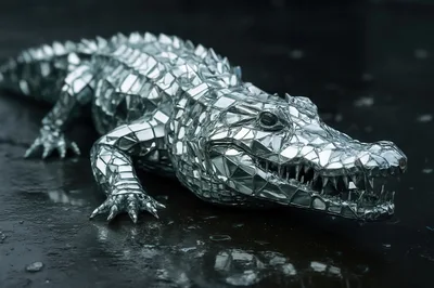 Mirrored Mosaic Crocodile Sculpture On Dark Wet Surface