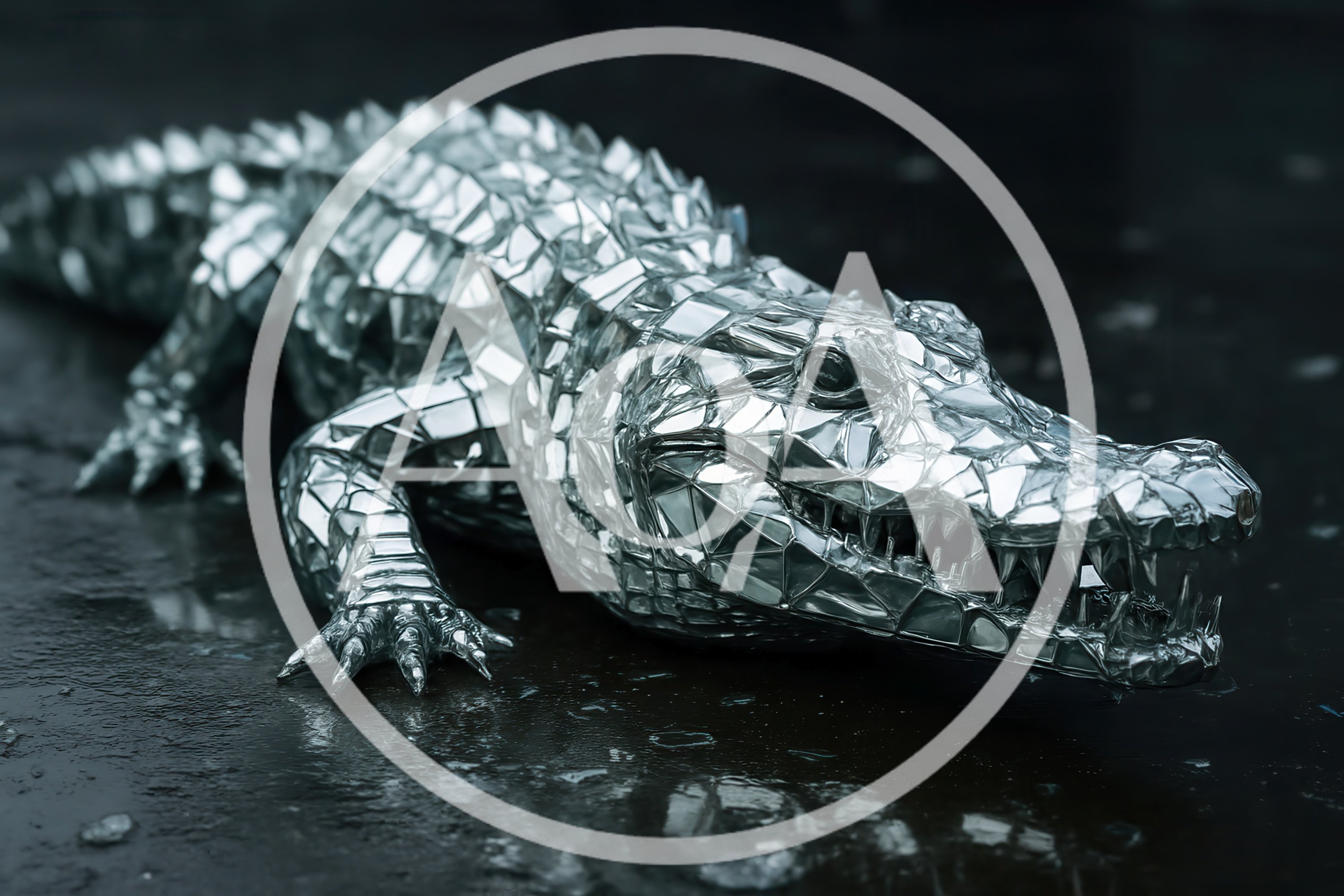 Mirrored Mosaic Crocodile Sculpture On Dark Wet Surface