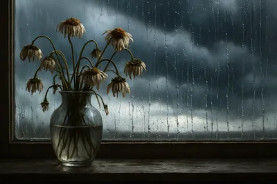 Wilted Flowers In A Glass Vase By Rainy Window