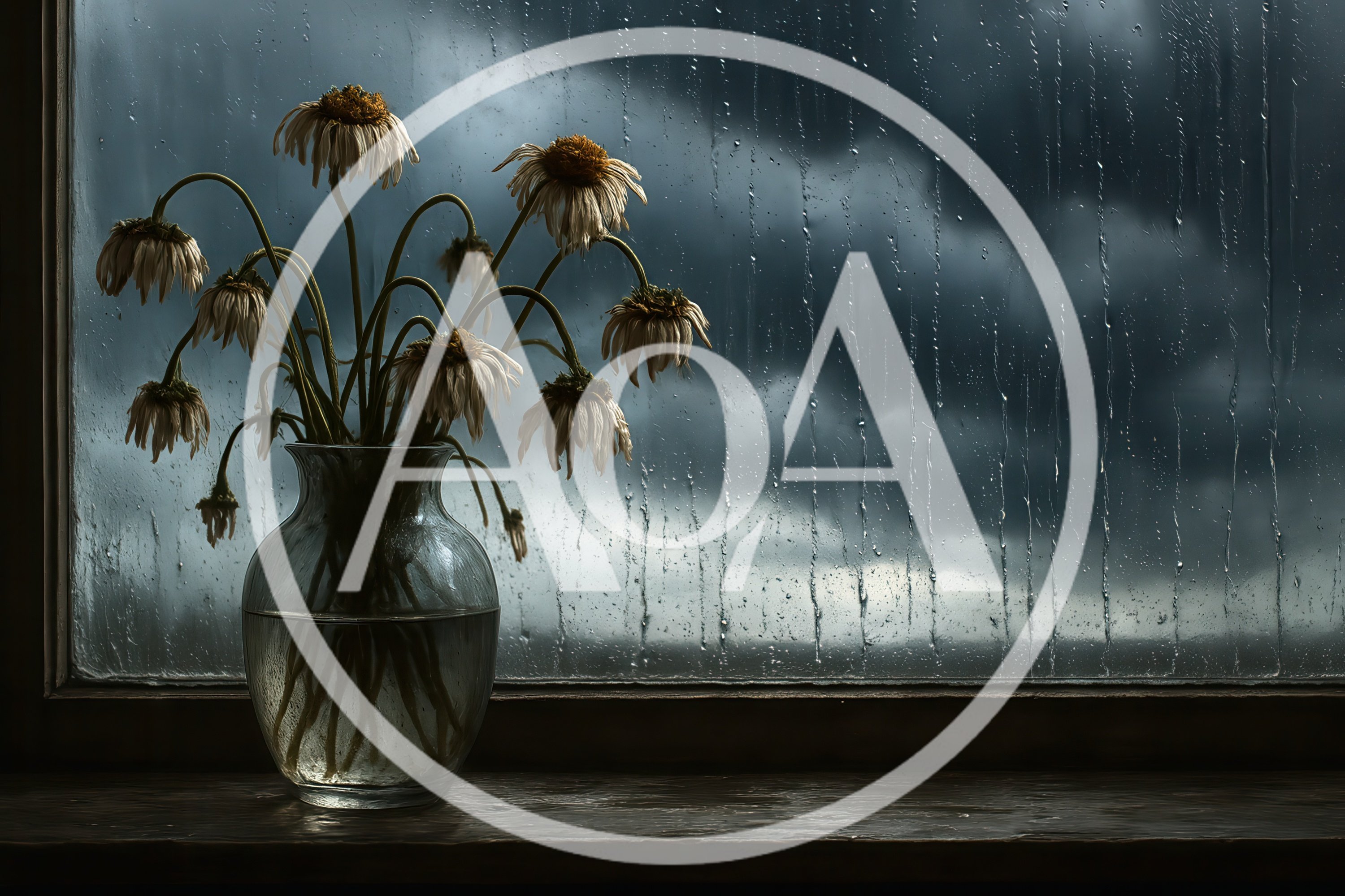 Wilted Flowers In A Glass Vase By Rainy Window