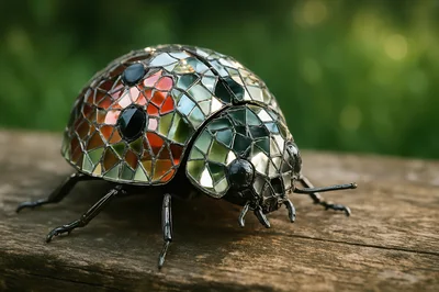 Mosaic Mirror Ladybug Sculpture on Wooden Surface