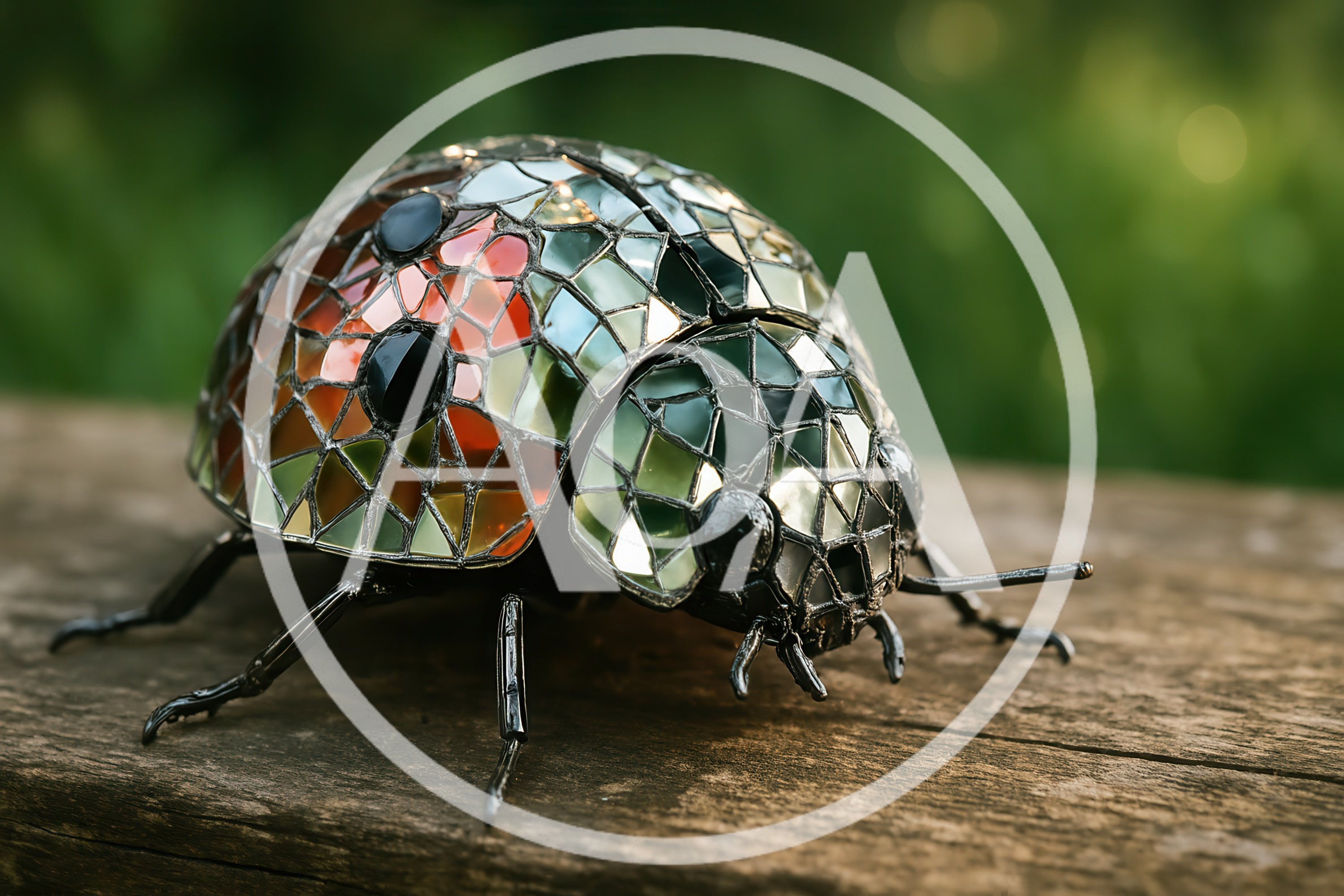 Mosaic Mirror Ladybug Sculpture on Wooden Surface