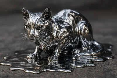 Liquid Metal Cat Sculpture Melting On Dark Surface