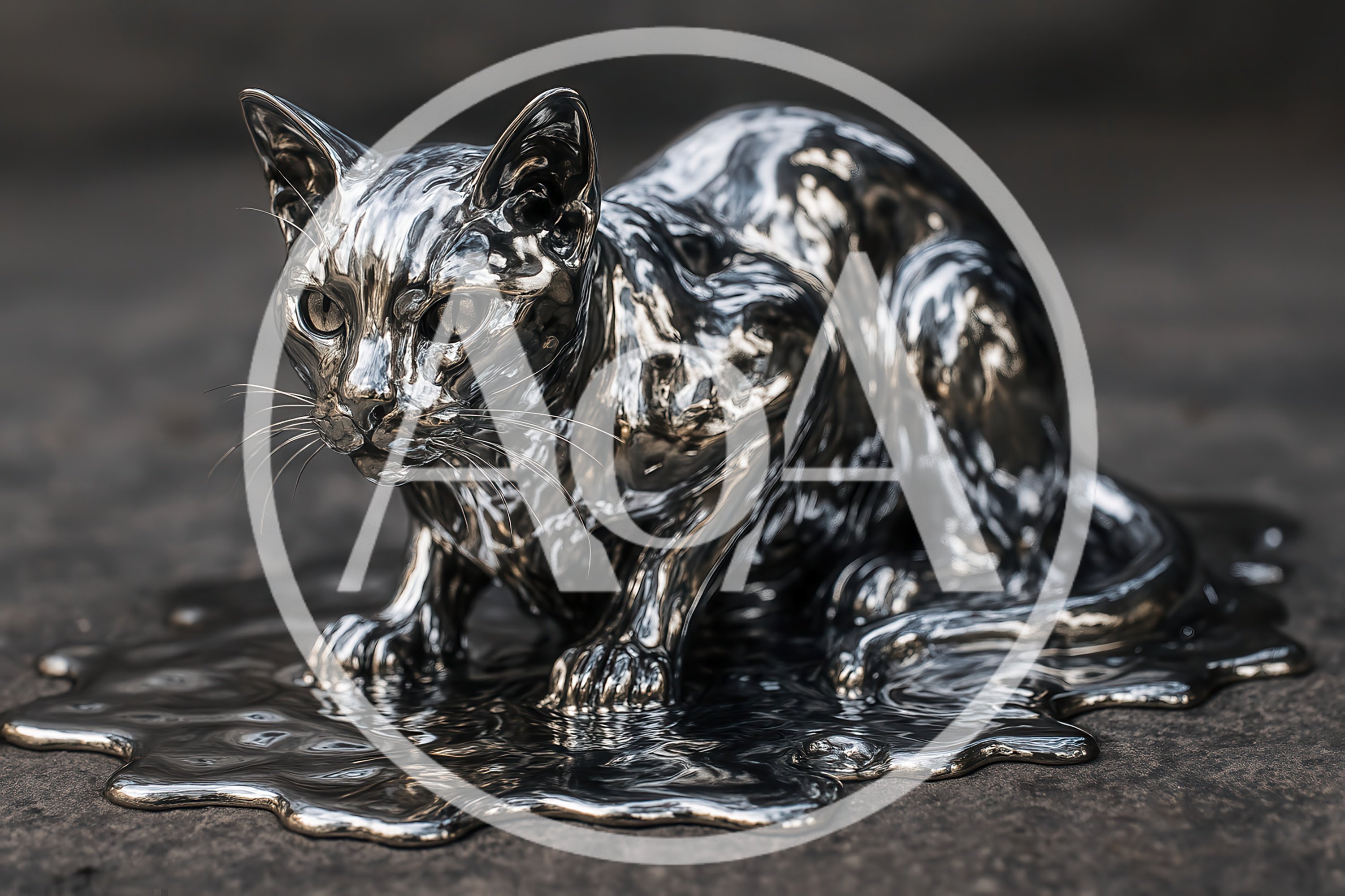 Liquid Metal Cat Sculpture Melting On Dark Surface