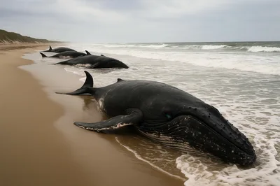 Multiple Humpback Whales Stranded On A Sandy Beach