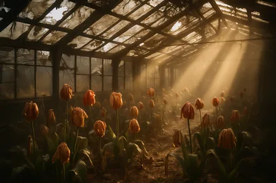 Withered Tulips Inside An Abandoned Glass Greenhouse