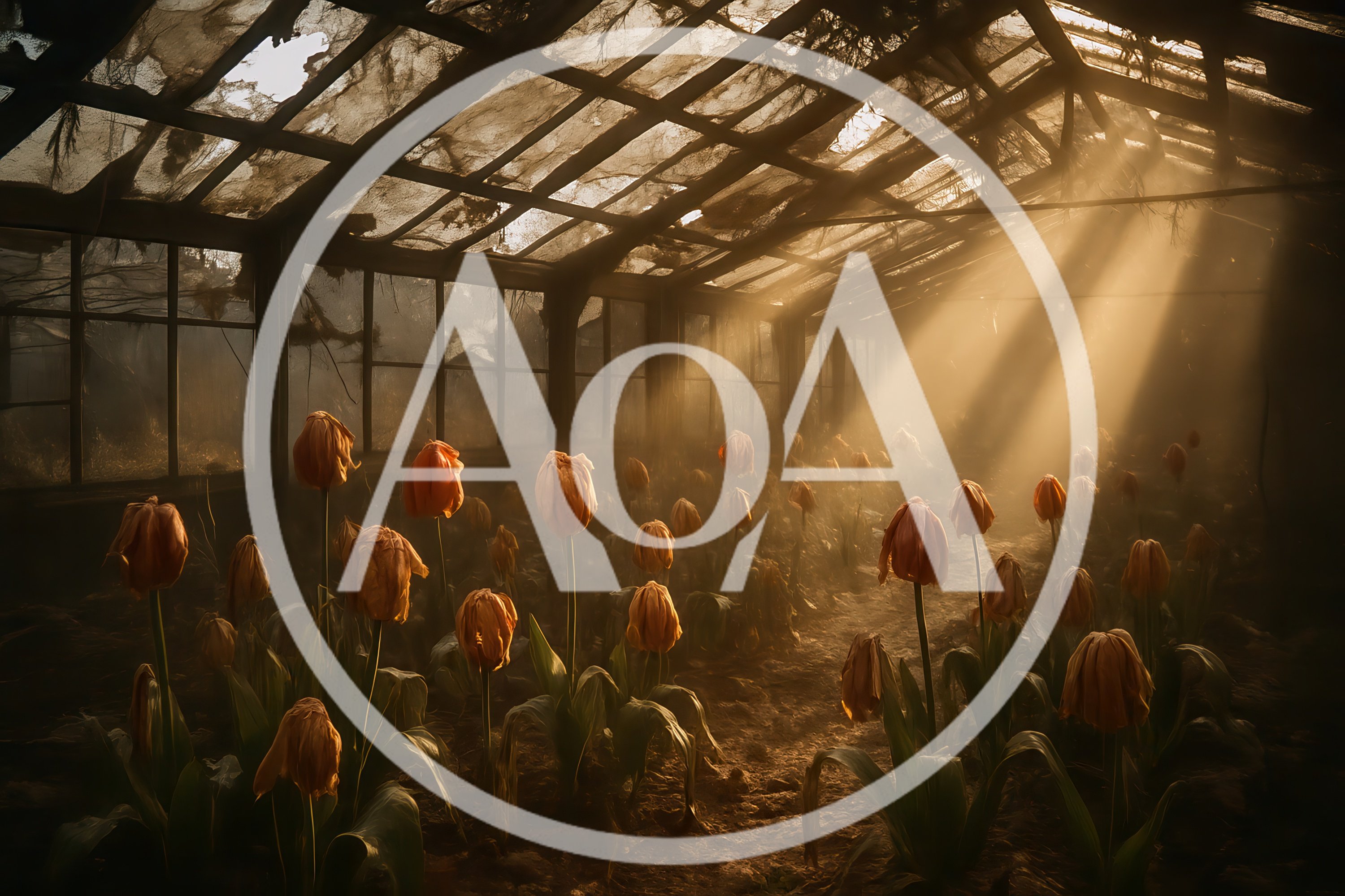 Withered Tulips Inside An Abandoned Glass Greenhouse