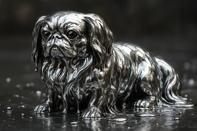Liquid Silver Sculpture Of A Pekingese Dog