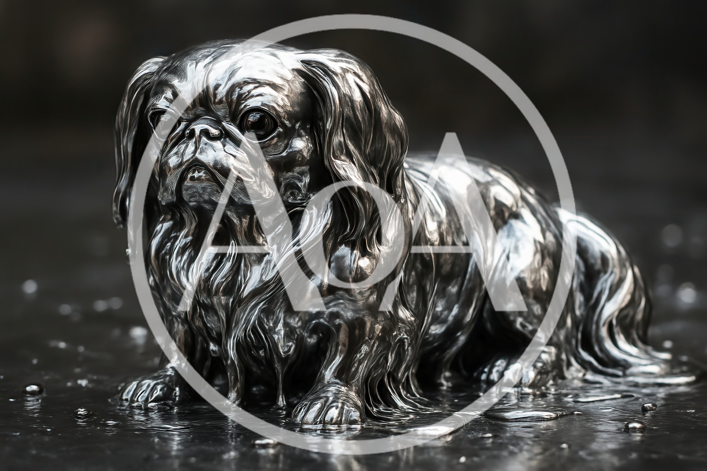 Liquid Silver Sculpture Of A Pekingese Dog