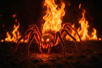 Fiery Demon Spider Standing In Dark Inferno