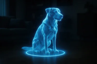 Holographic Digital Dog Sitting On A Dark Floor