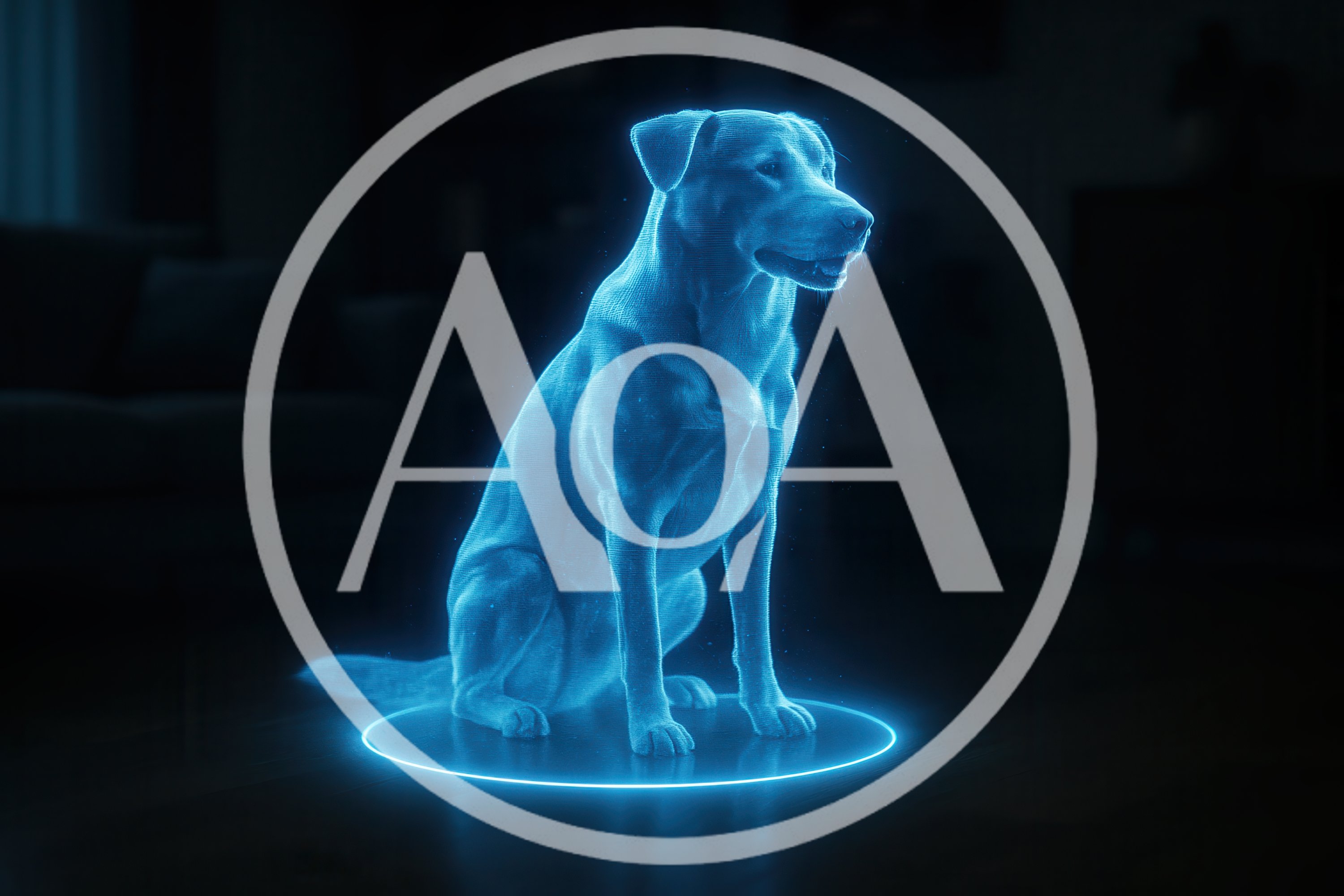 Holographic Digital Dog Sitting On A Dark Floor
