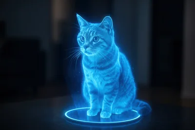 Holographic Cat Projection On A Glowing Circular Base
