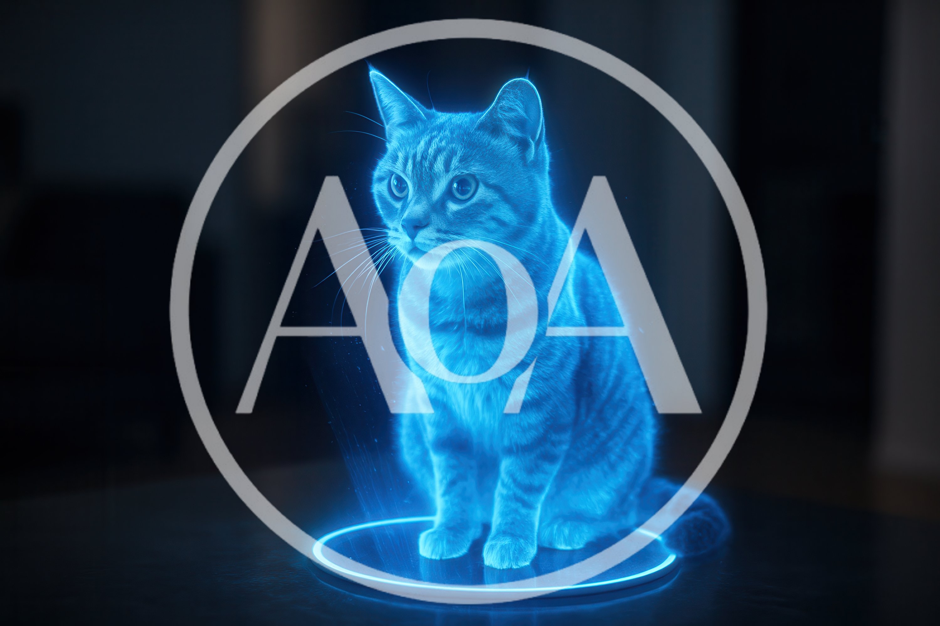 Holographic Cat Projection On A Glowing Circular Base