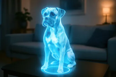 Holographic Boxer Dog Projection On Living Room Table