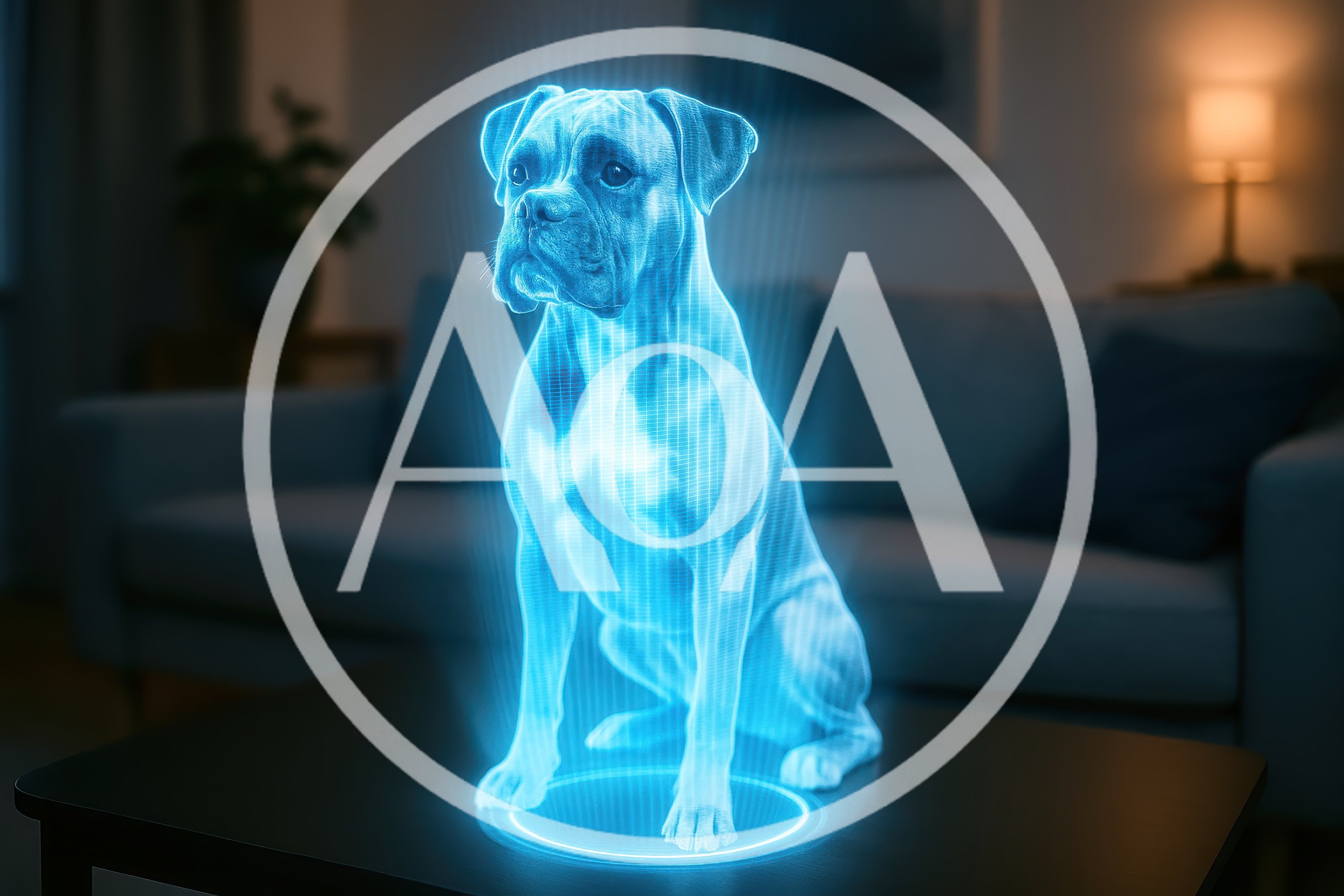 Holographic Boxer Dog Projection On Living Room Table