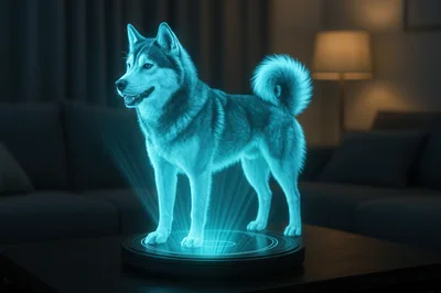 Holographic Husky Dog Projection On A Table