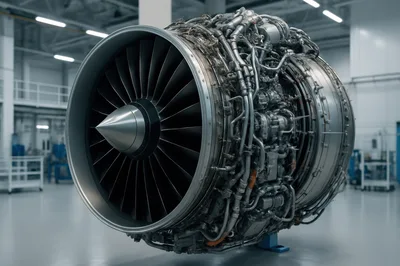 Jet Engine Turbine Displayed In Aircraft Maintenance Hangar