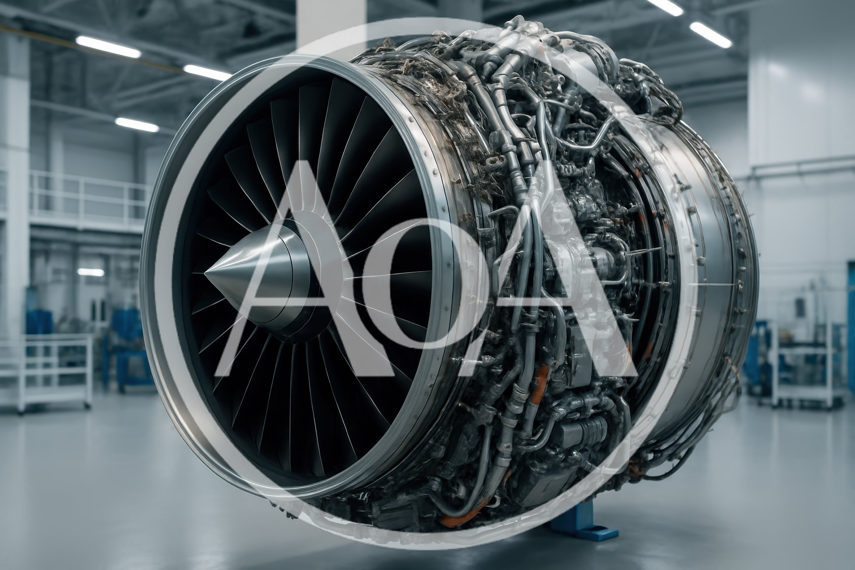 Jet Engine Turbine Displayed In Aircraft Maintenance Hangar