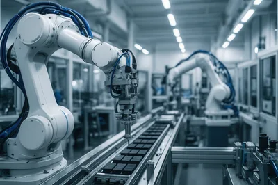 Industrial Robotic Arms Operating On Automated Assembly Line