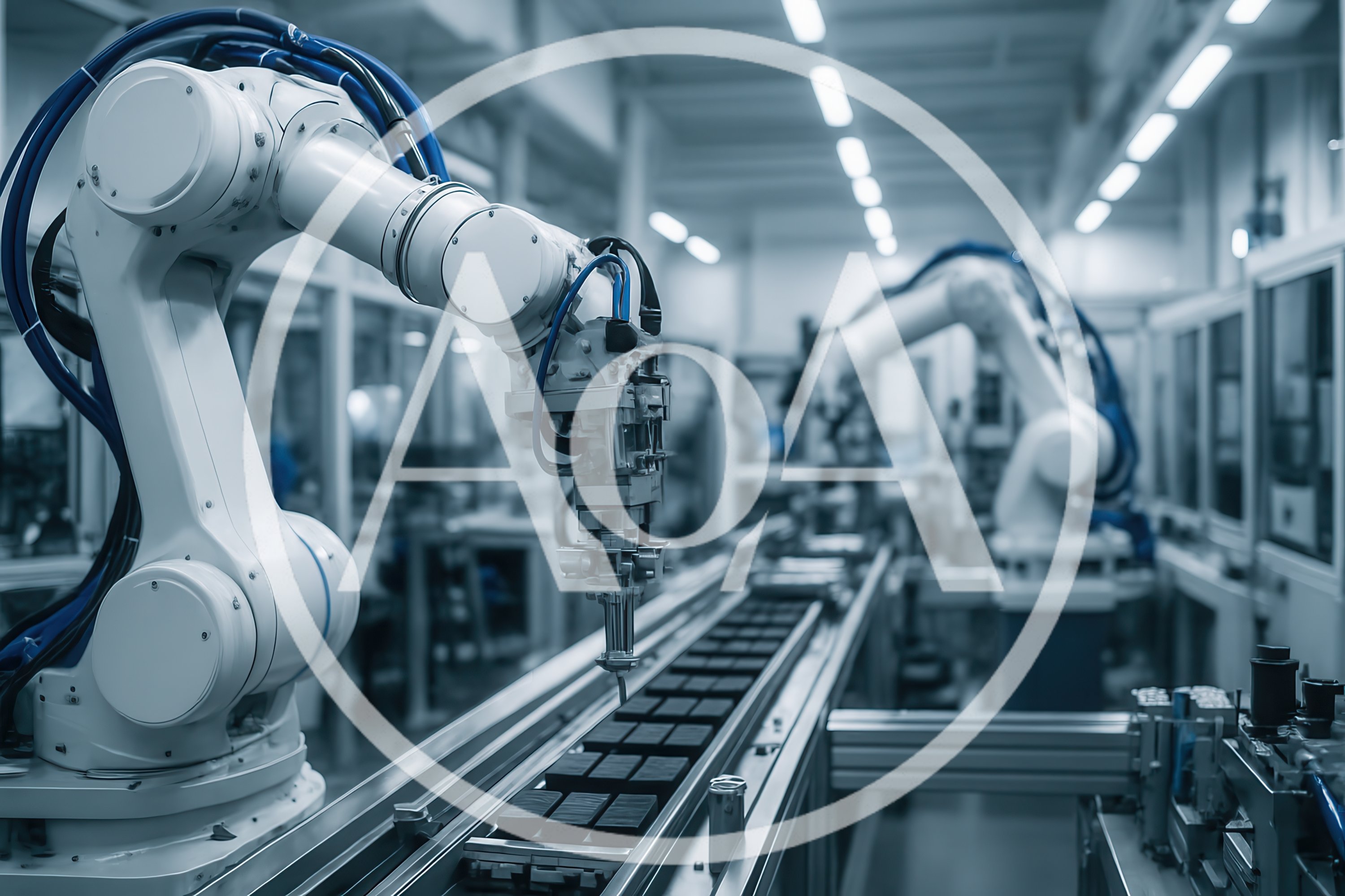 Industrial Robotic Arms Operating On Automated Assembly Line