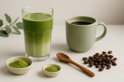 Matcha Latte and Black Coffee with Ingredients