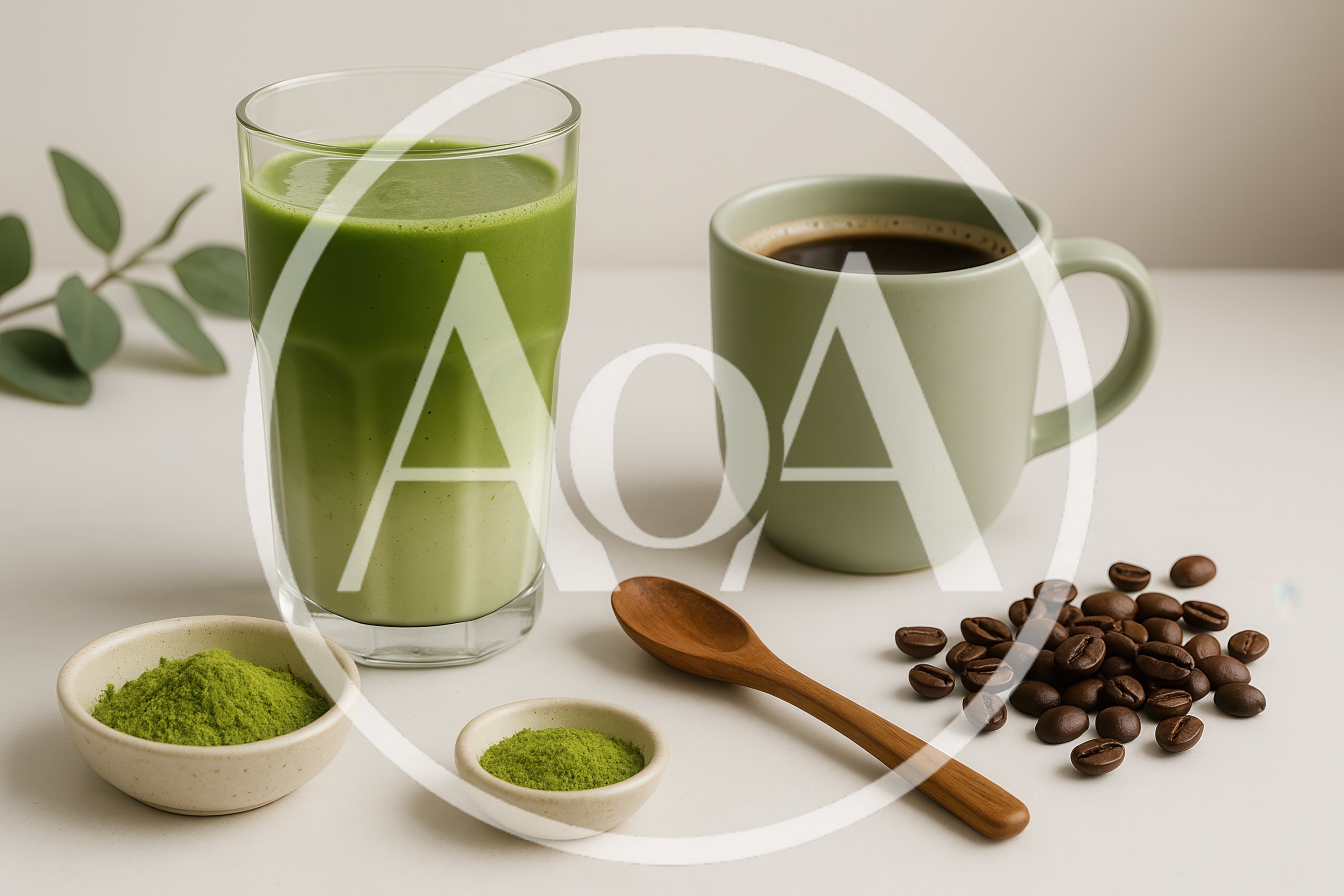 Matcha Latte and Black Coffee with Ingredients