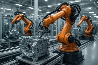 Industrial Robotic Arms Working On Automotive Engine Blocks