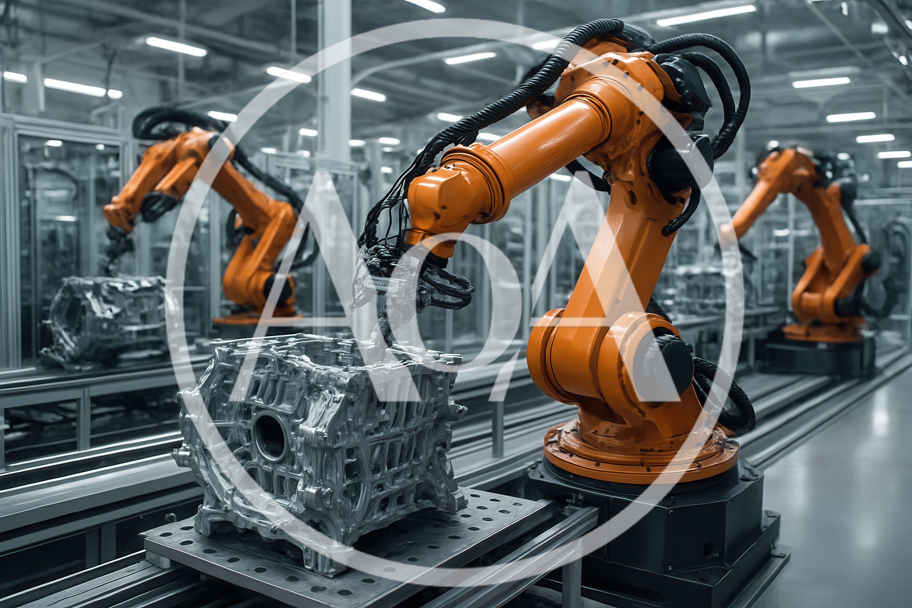 Industrial Robotic Arms Working On Automotive Engine Blocks