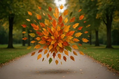 Floating Autumn Leaves Bursting In A Park