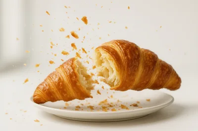 Broken Croissant Floating Above A White Plate