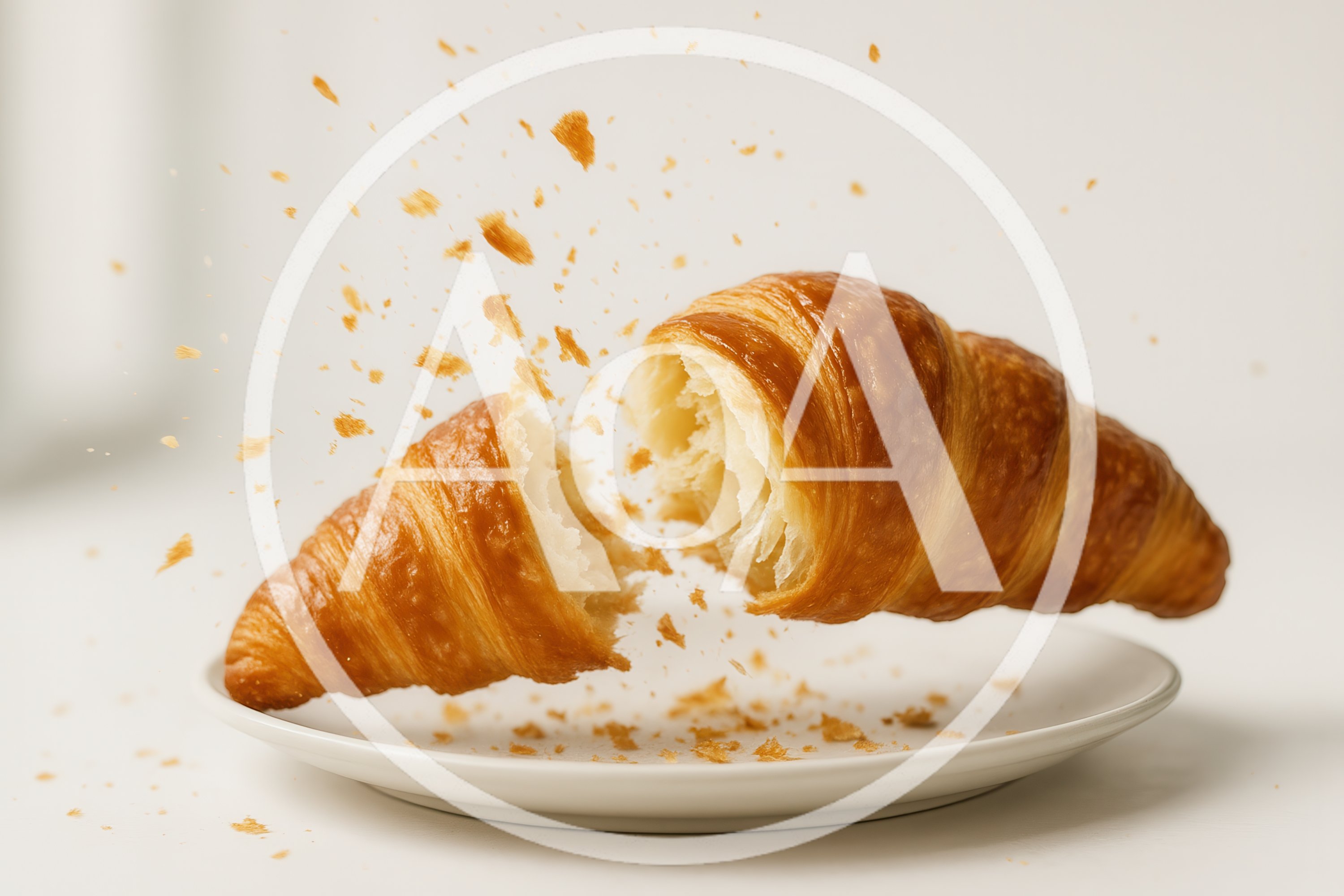 Broken Croissant Floating Above A White Plate