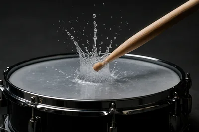 Drumstick Striking A Water Covered Snare Drum