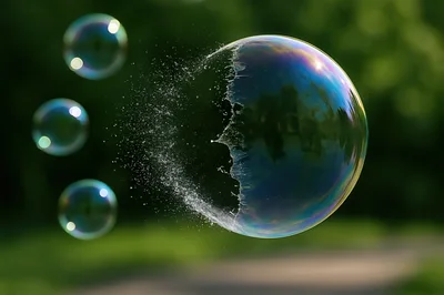 Bursting Soap Bubble With Water Droplets In Nature