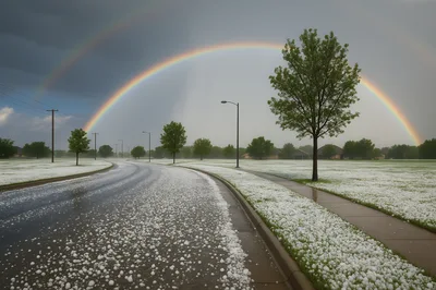 Double Rainbow Over Suburban Street Covered In Hail