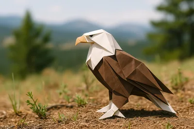 Origami Bald Eagle Sculpture Standing On Dirt Ground