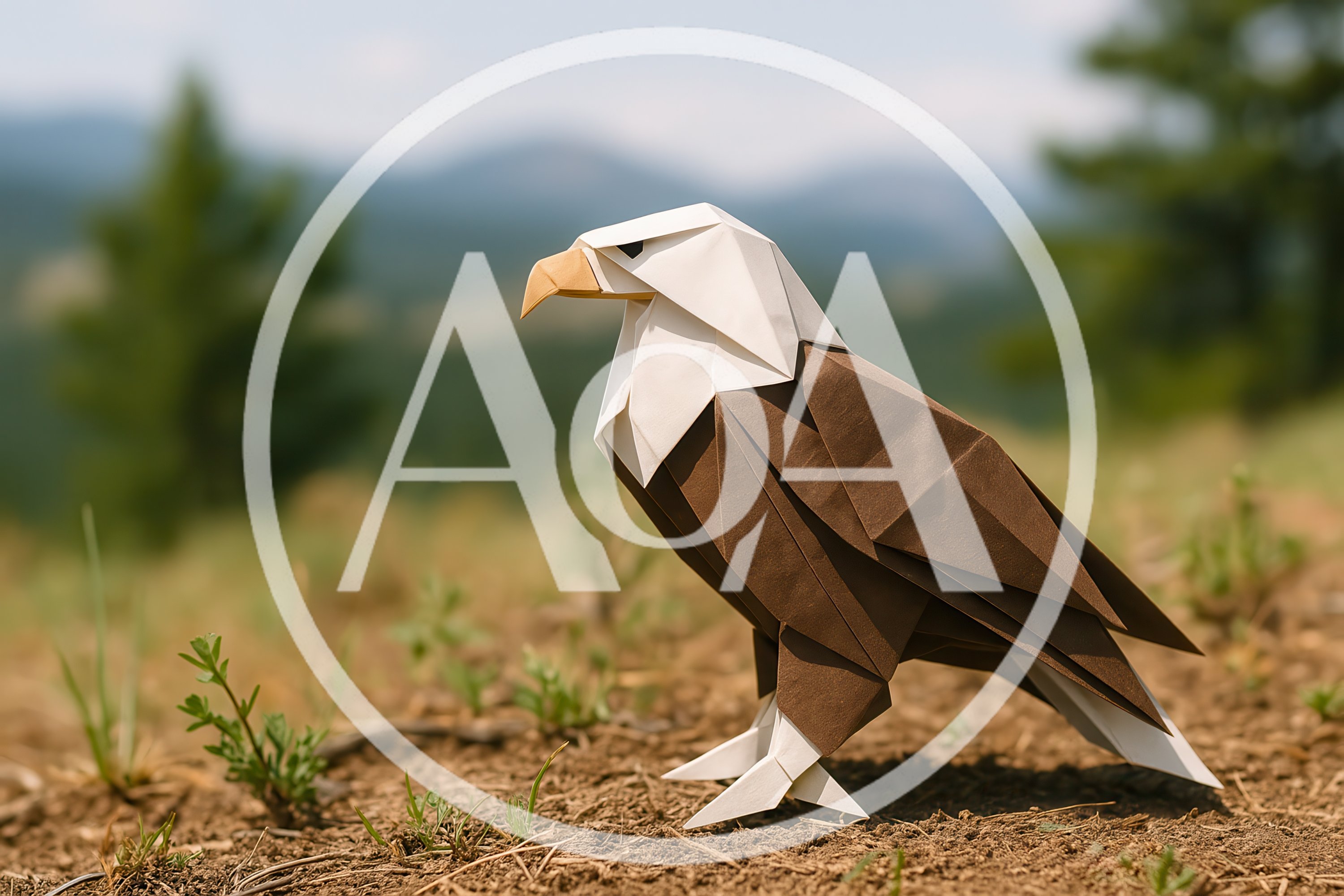 Origami Bald Eagle Sculpture Standing On Dirt Ground