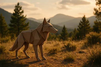 Origami Wolf Sculpture Standing In A Mountain Landscape