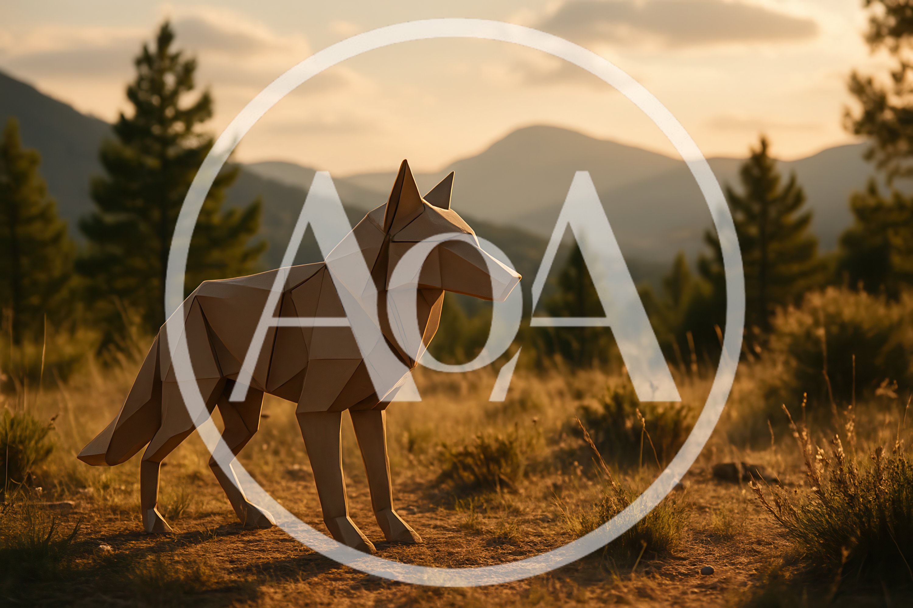 Origami Wolf Sculpture Standing In A Mountain Landscape